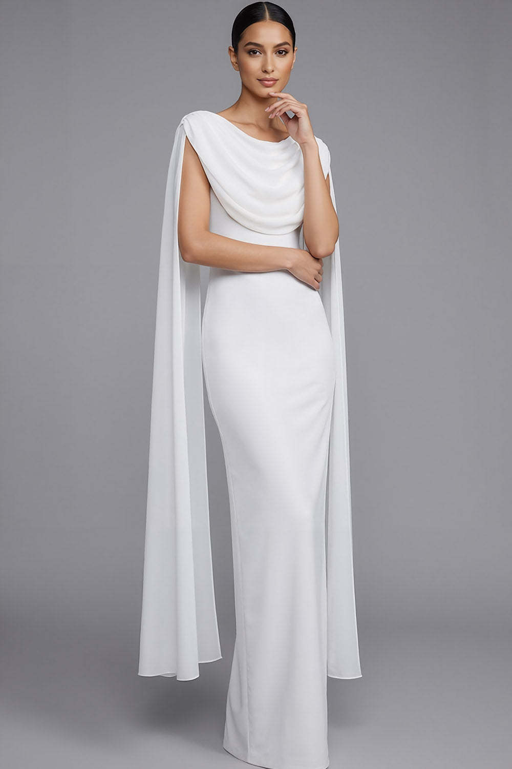 Light Yellow Mermaid Round Neck Long Wedding Guest Dress with Drape