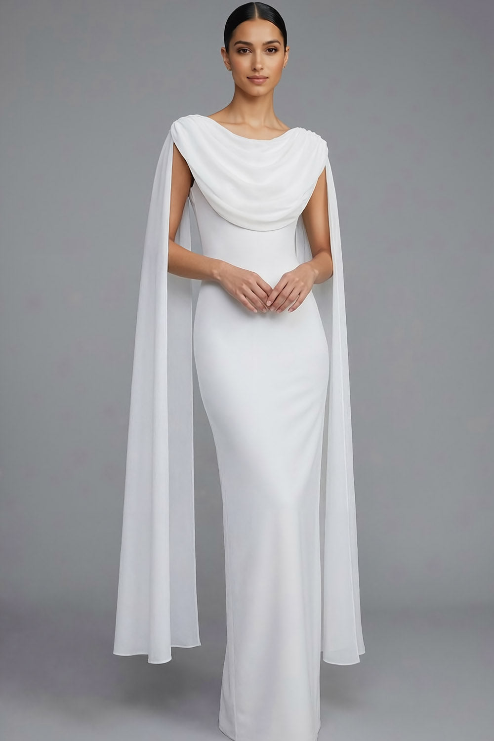 White Round Neck Mermaid Long Formal Dress with Cape