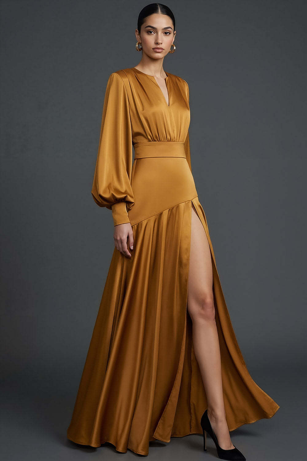 Bronzer Maxi V-Neck Satin Formal Dress with Slit