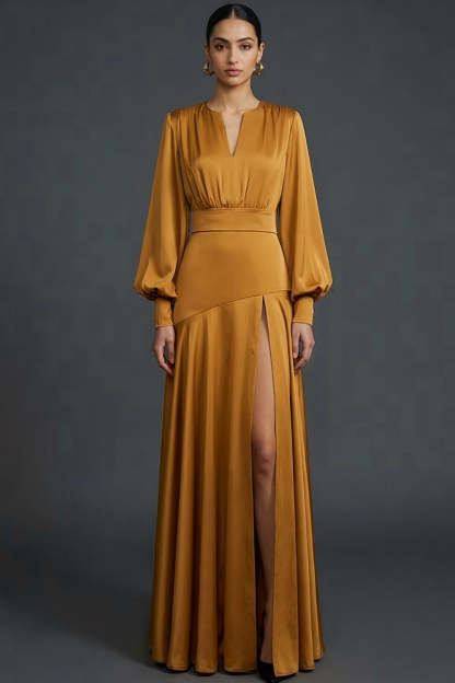 Leely Women Bronzer Maxi V-Neck Satin Formal Dress with Slit Long Sleeves A Line Evening Dress