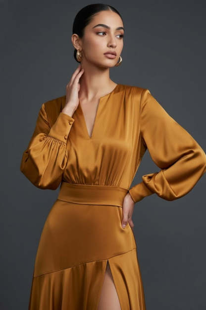 Bronzer Maxi V-Neck Satin Formal Dress with Slit