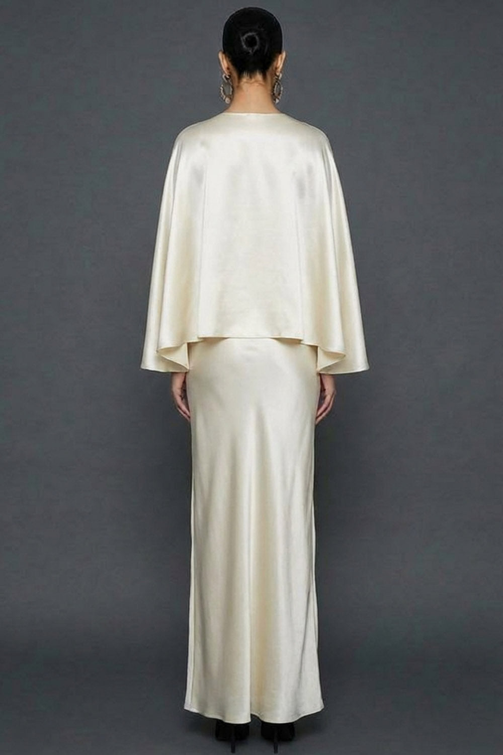 White Mermaid Satin Long White Wedding Reception Dress with Cape