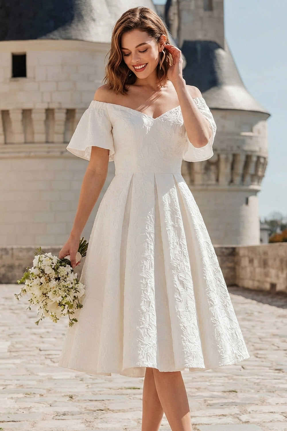 White A Line Jacquard Midi Wedding Reception Dress