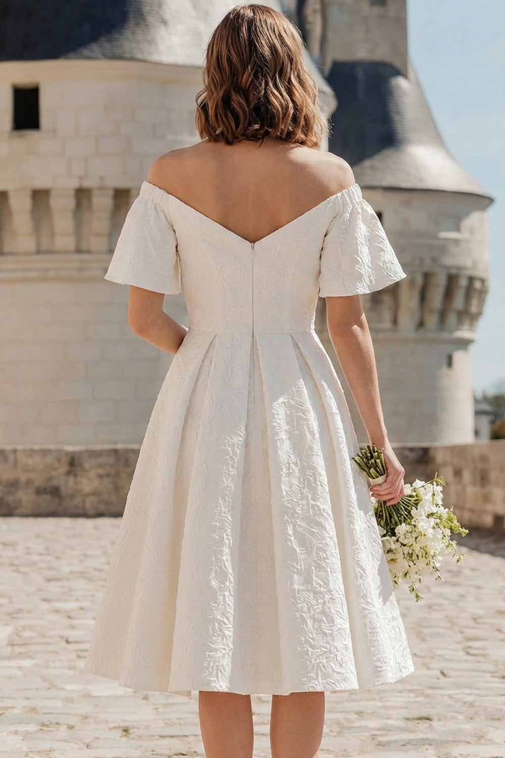 White A Line Jacquard Midi Wedding Reception Dress