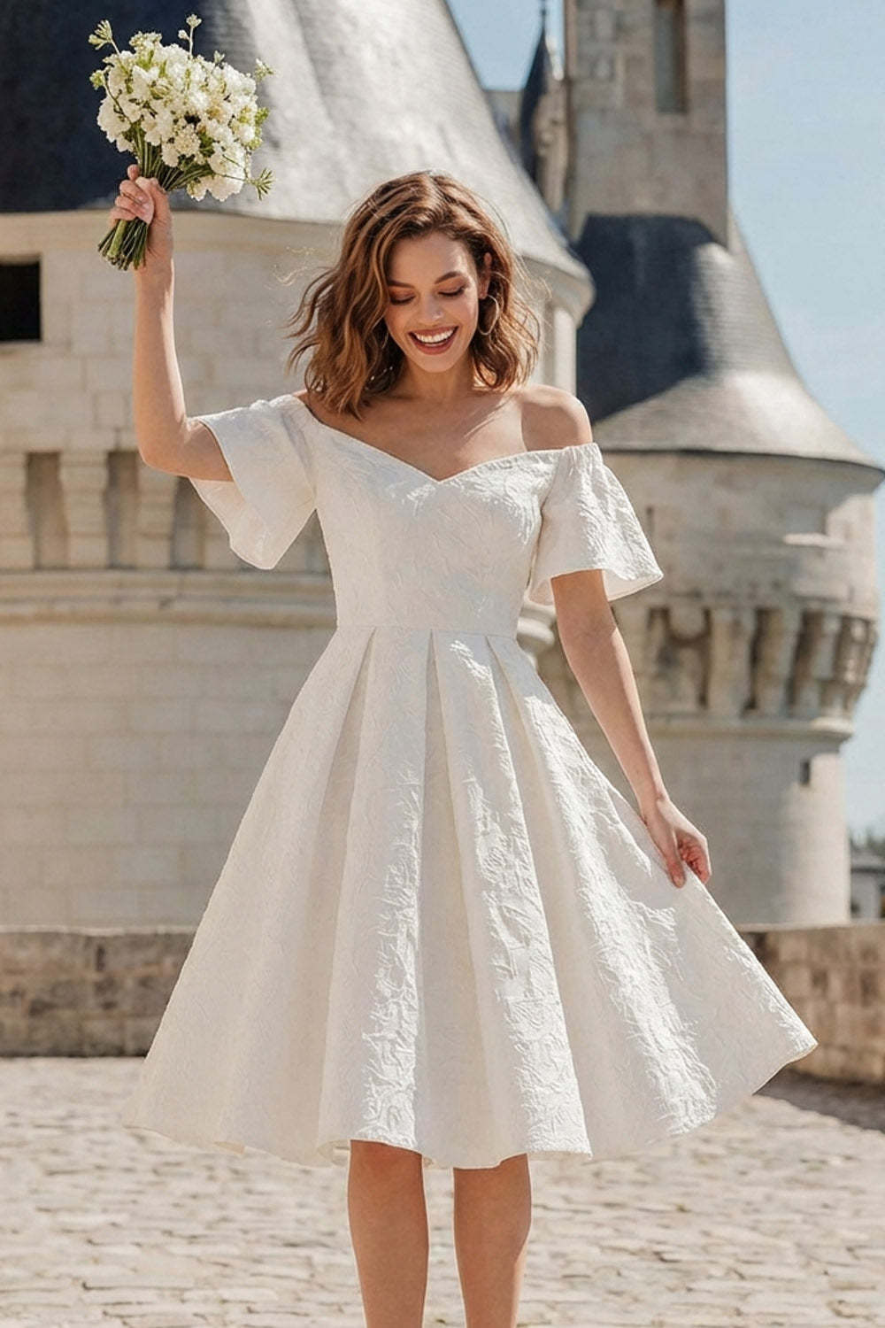 White A Line Jacquard Midi Wedding Reception Dress