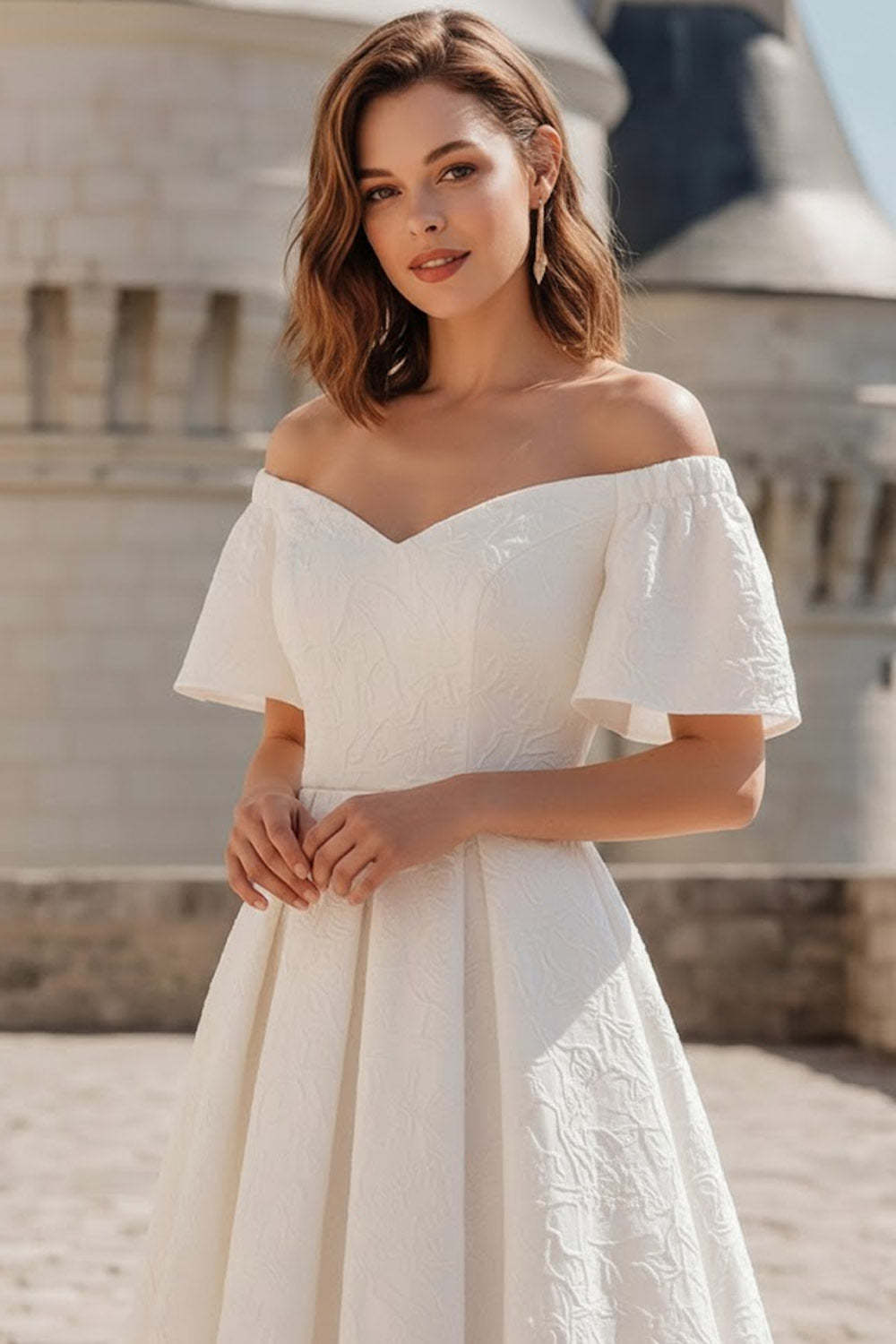 White A Line Jacquard Midi Wedding Reception Dress