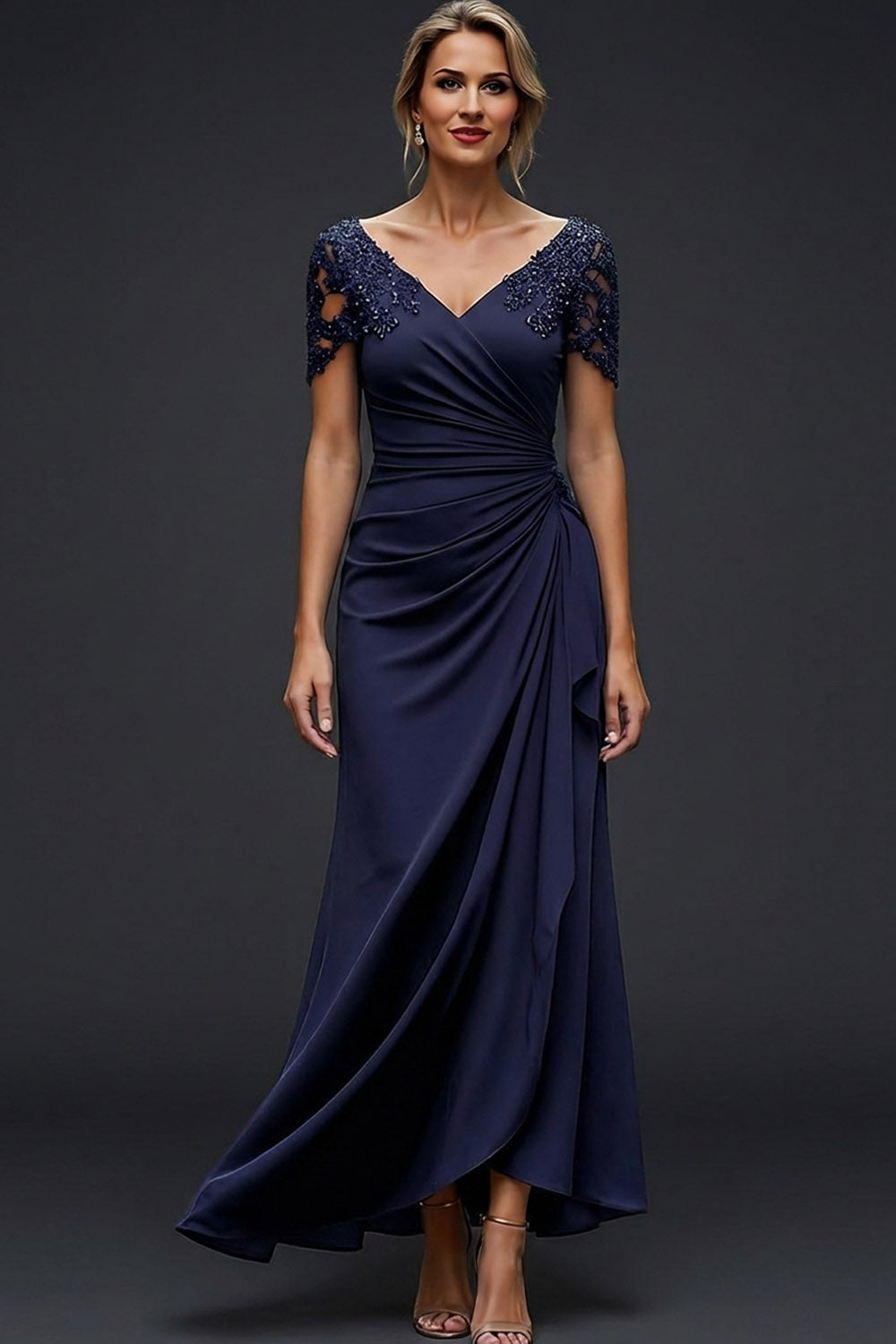 Leely Women Sparkly Navy A Line Ruched Long Wedding Guest Dress with Beading V-Neck Backless Formal Dress