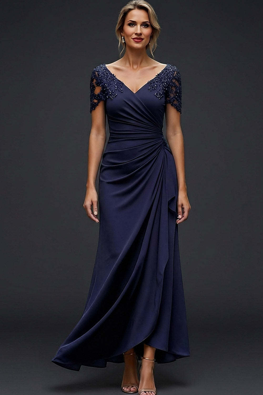 Leely Women Sparkly Navy A Line Ruched Long Wedding Guest Dress with Beading V-Neck Backless Formal Dress