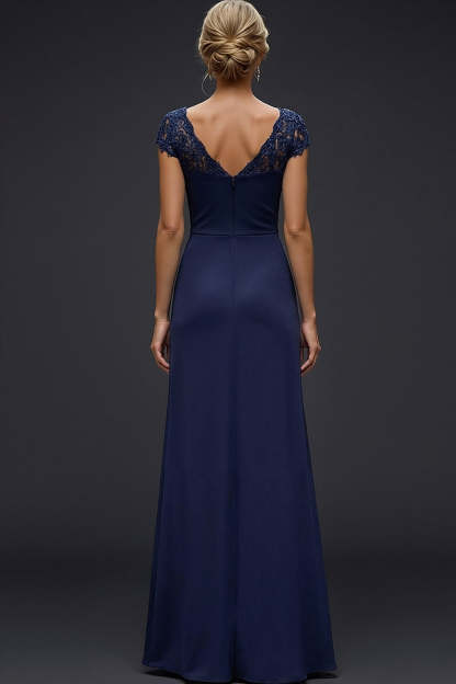 Sparkly Navy V-Neck Ruched Long Wedding Guest Dress with Beading