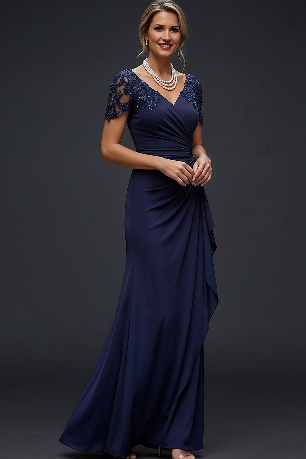 Sparkly Navy V-Neck Ruched Long Wedding Guest Dress with Beading