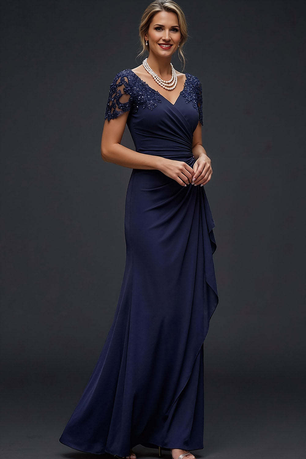 Sparkly Navy V-Neck Ruched Long Wedding Guest Dress with Beading