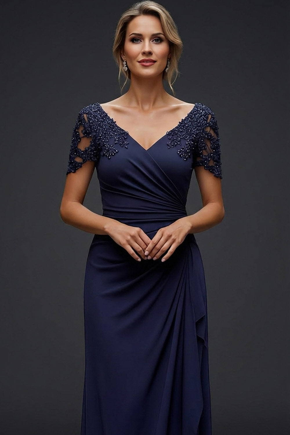 Sparkly Navy V-Neck Ruched Long Wedding Guest Dress with Beading