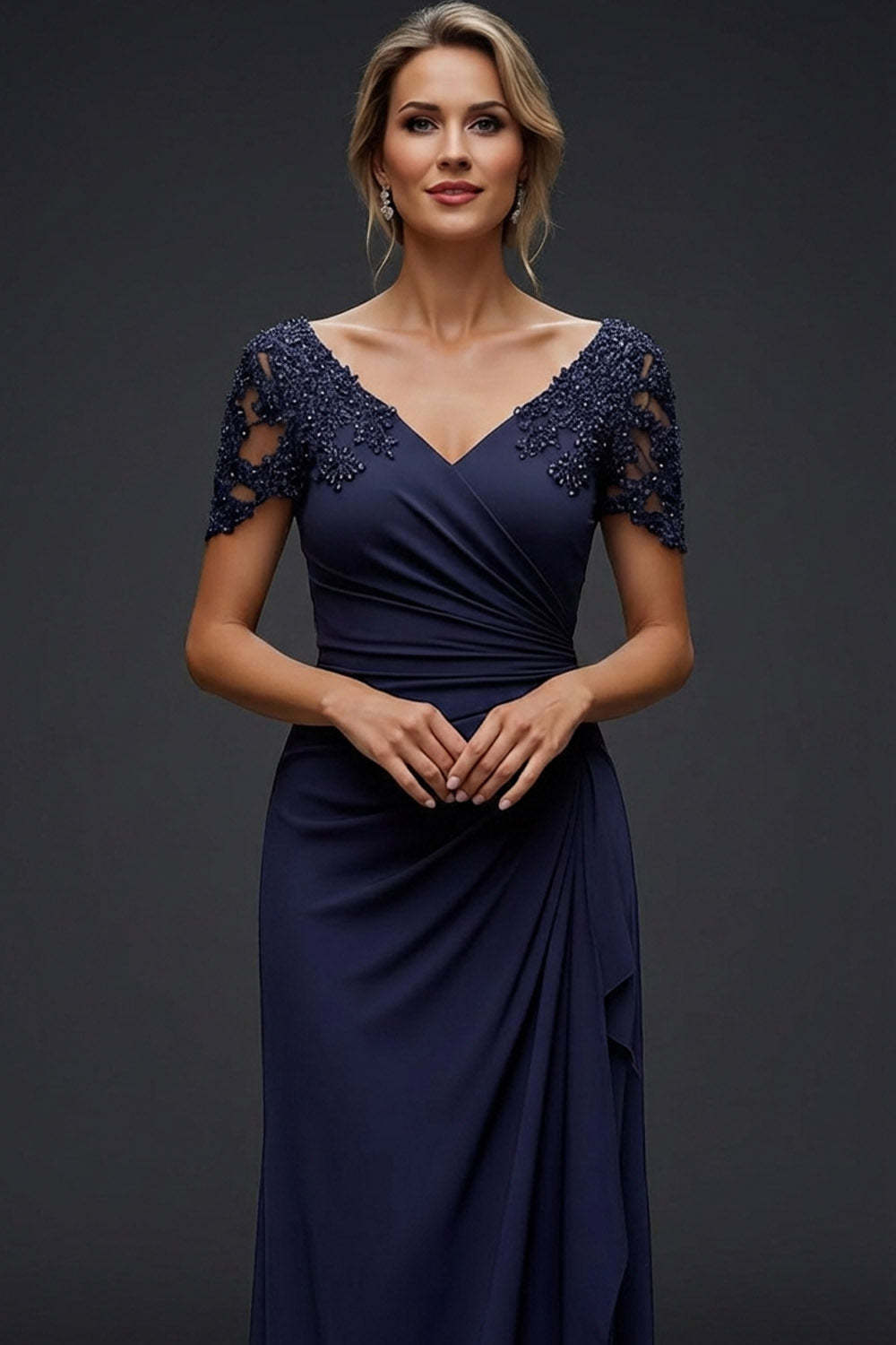 Sparkly Navy V-Neck Ruched Long Wedding Guest Dress with Beading