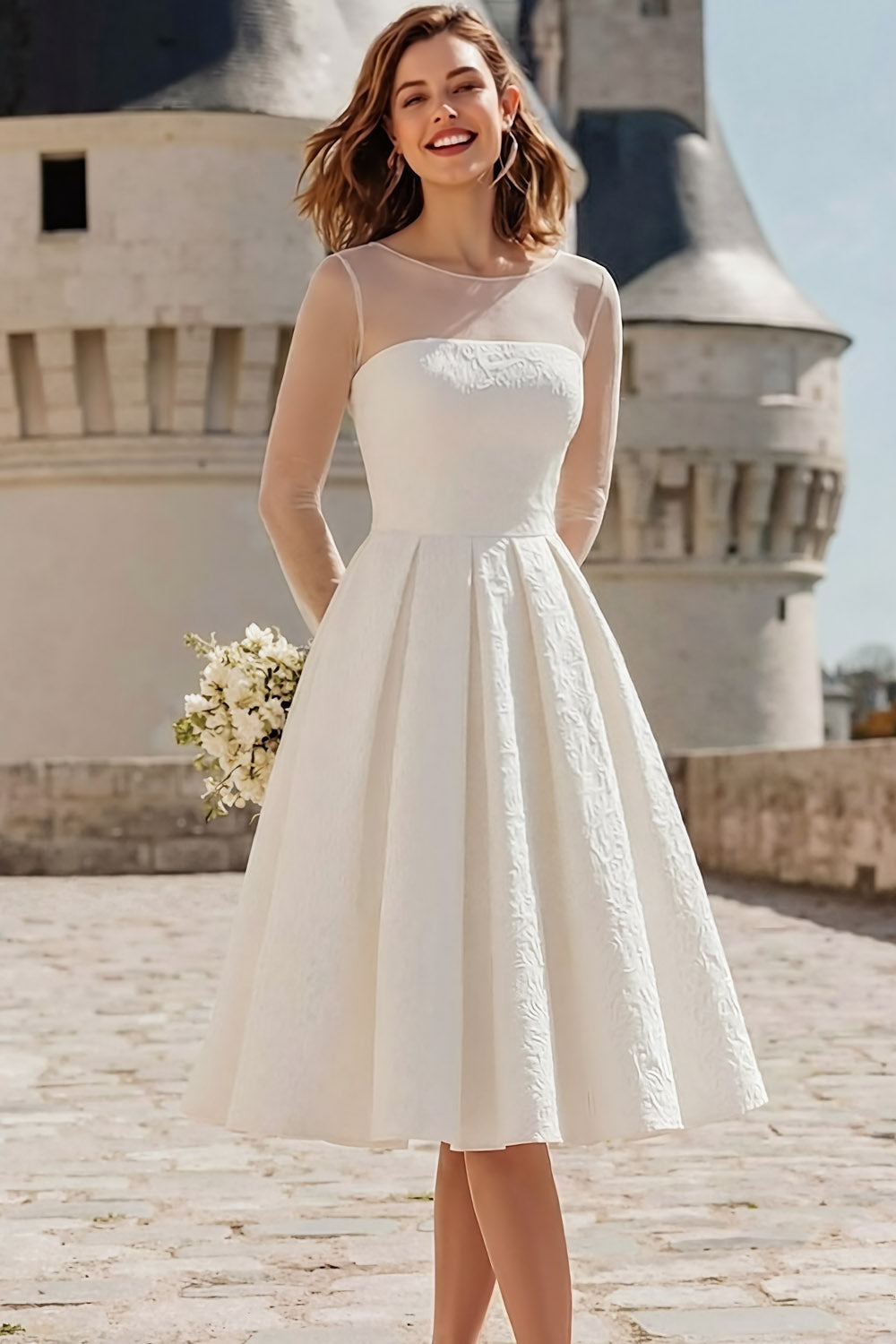 Jacquard White A Line Midi Wedding Reception Dress