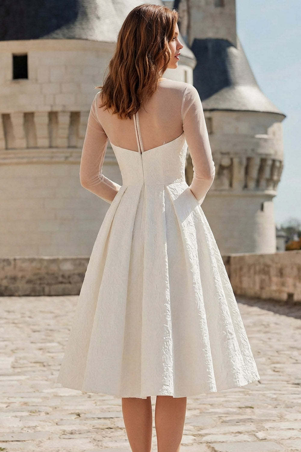 Jacquard White A Line Midi Wedding Reception Dress