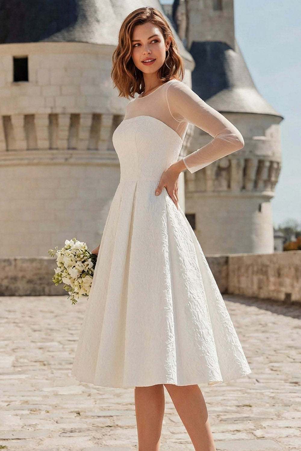 Jacquard White A Line Midi Wedding Reception Dress