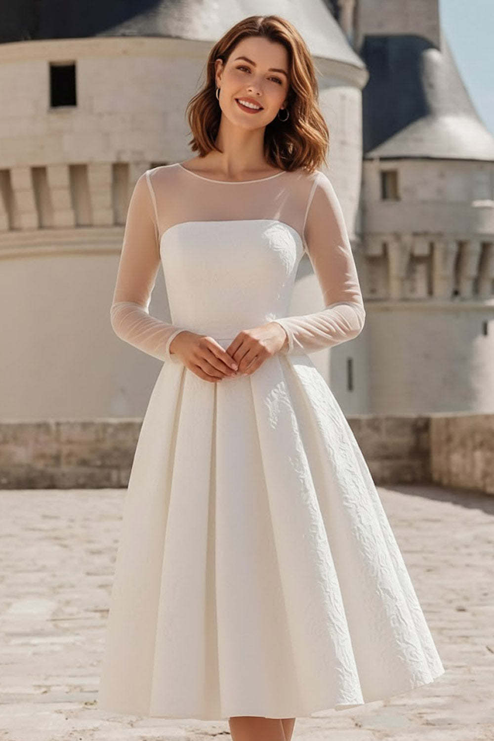 Leely Women Jacquard White A Line Midi Wedding Reception Dress Illusion Neck Long Sleeves Bridal Shower Dress