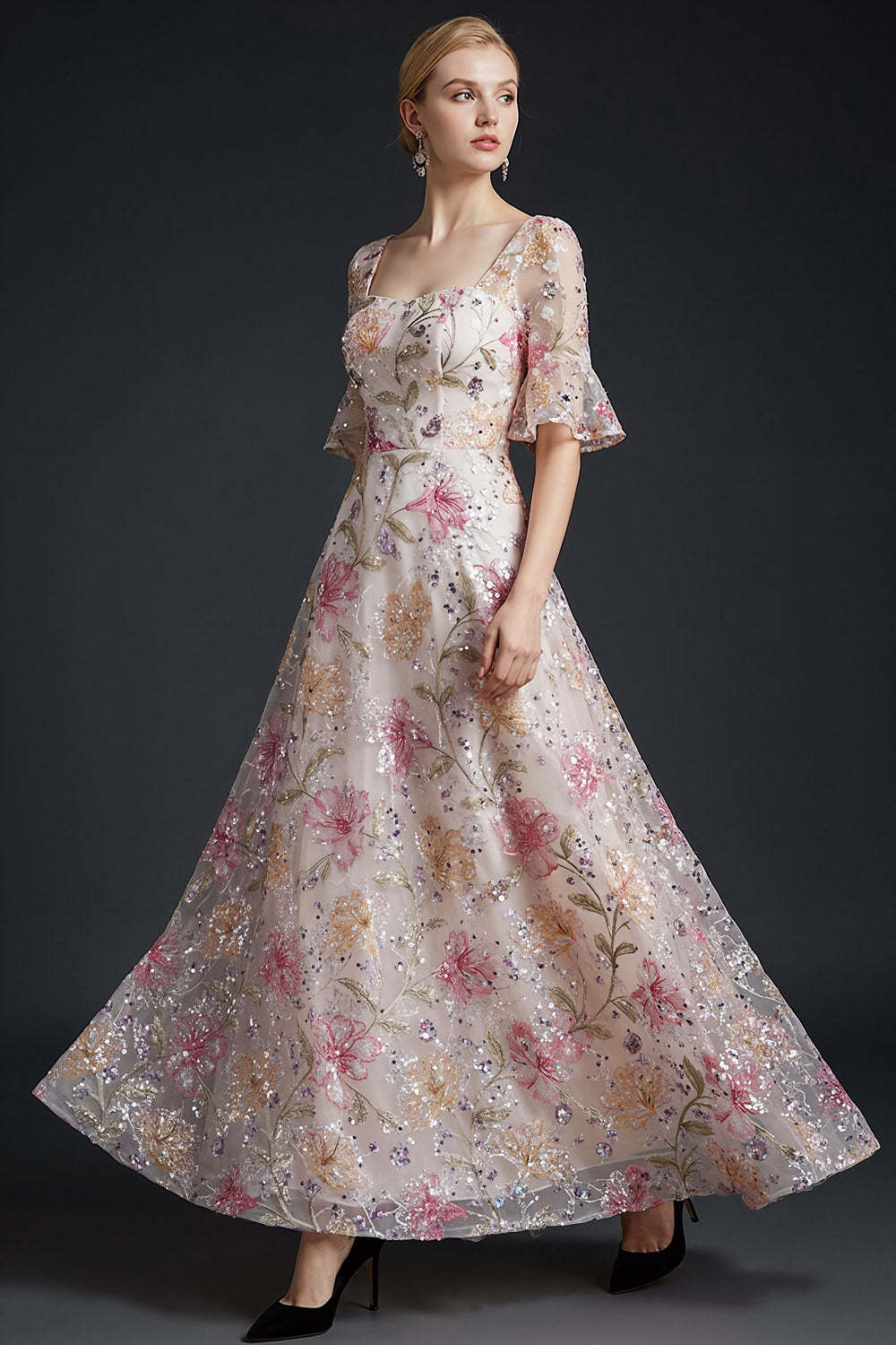 Sparkly Floral Pink Half Sleeves Sequined Long Gala Dress