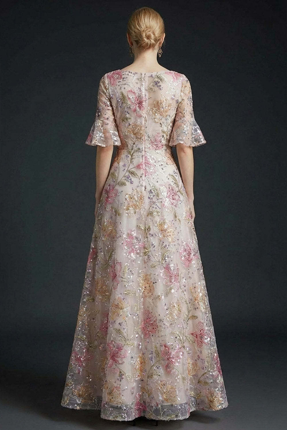 Sparkly Floral Pink Half Sleeves Sequined Long Gala Dress