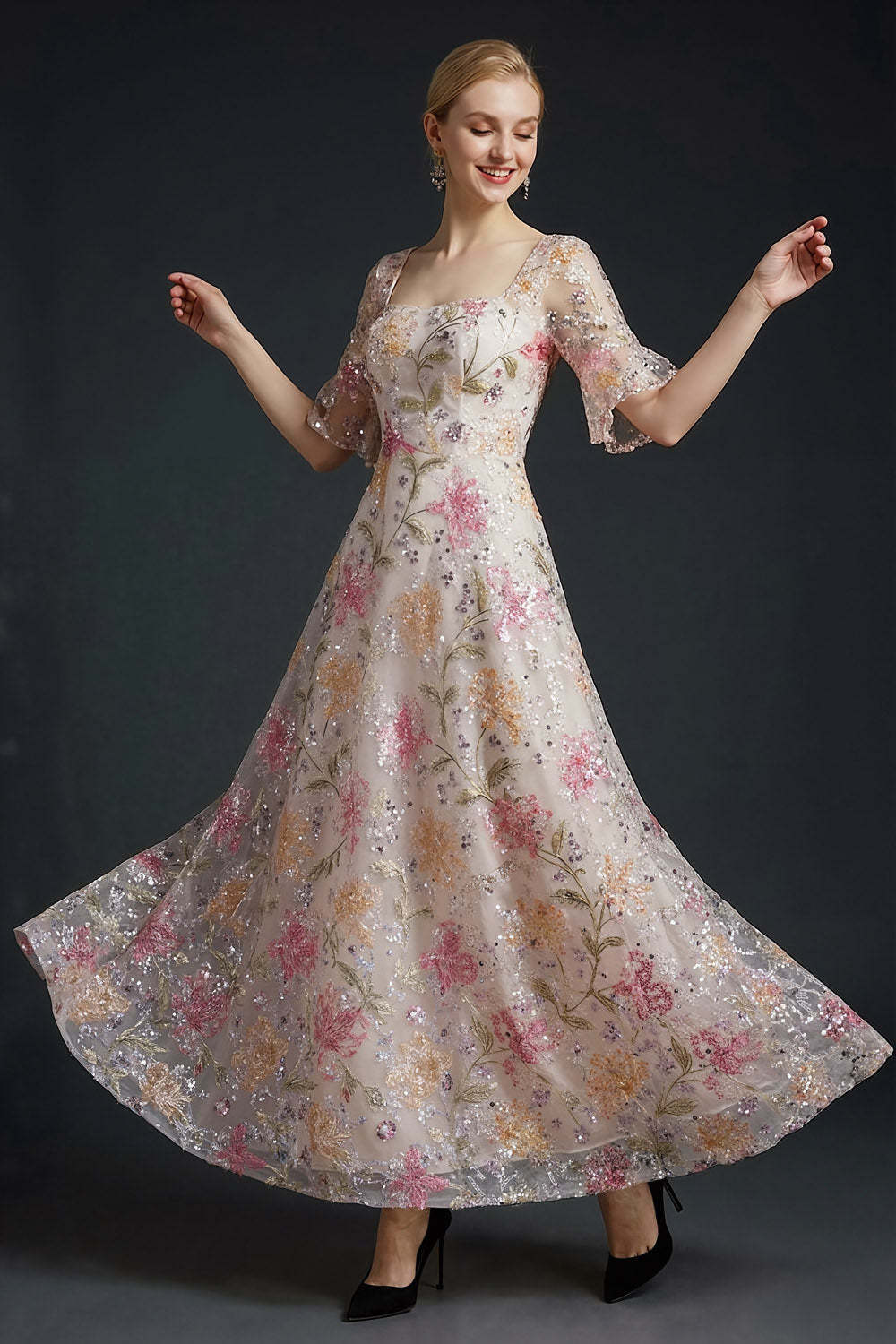 Sparkly Floral Pink Half Sleeves Sequined Long Gala Dress
