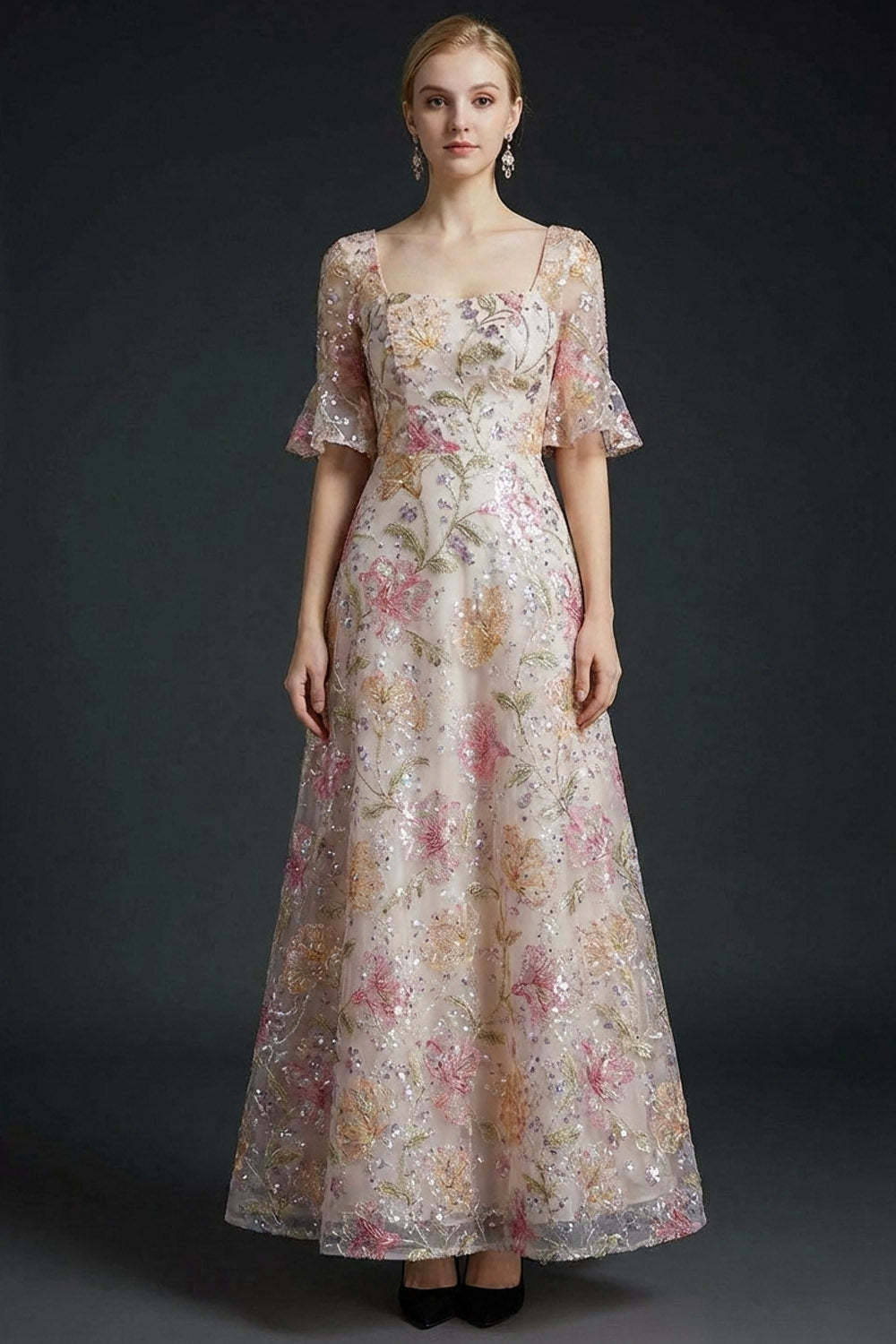 Leely Women Sparkly Floral Pink Half Sleeves Sequined Long Gala Dress A Line Embroidered Square Neck Evening Dress