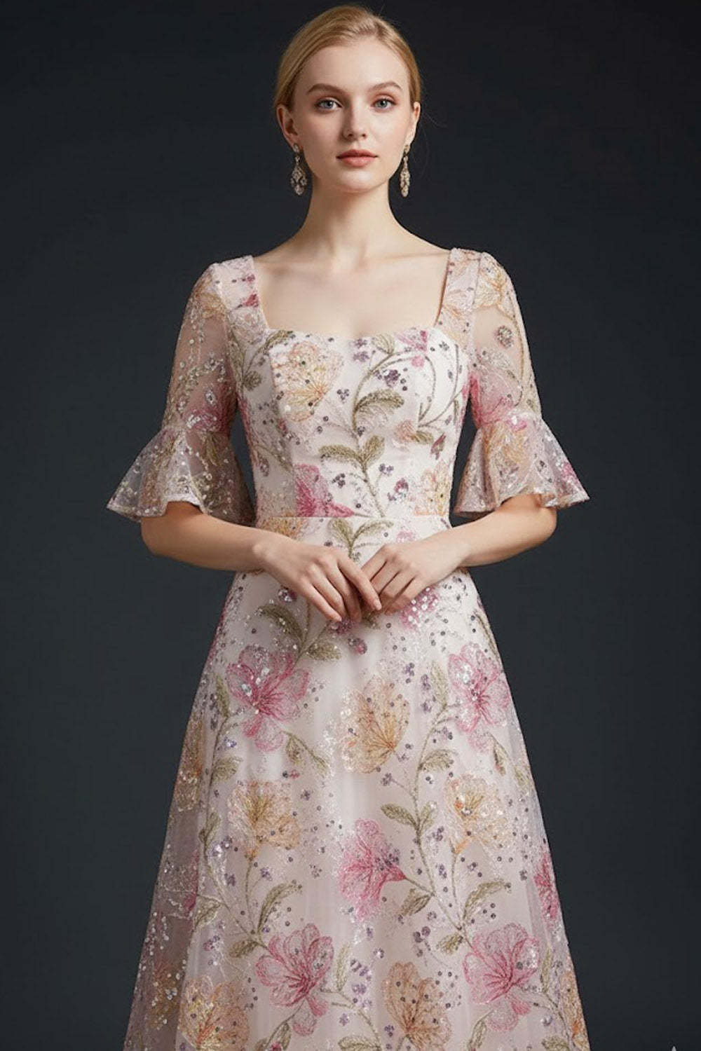 Sparkly Floral Pink Half Sleeves Sequined Long Gala Dress