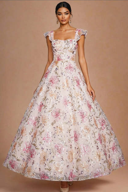 Leely Women Sparkly Pink Sequin Floral Ball Gown Long Prom Dress Square Neck Backless Gala Dress with Cap Sleeves