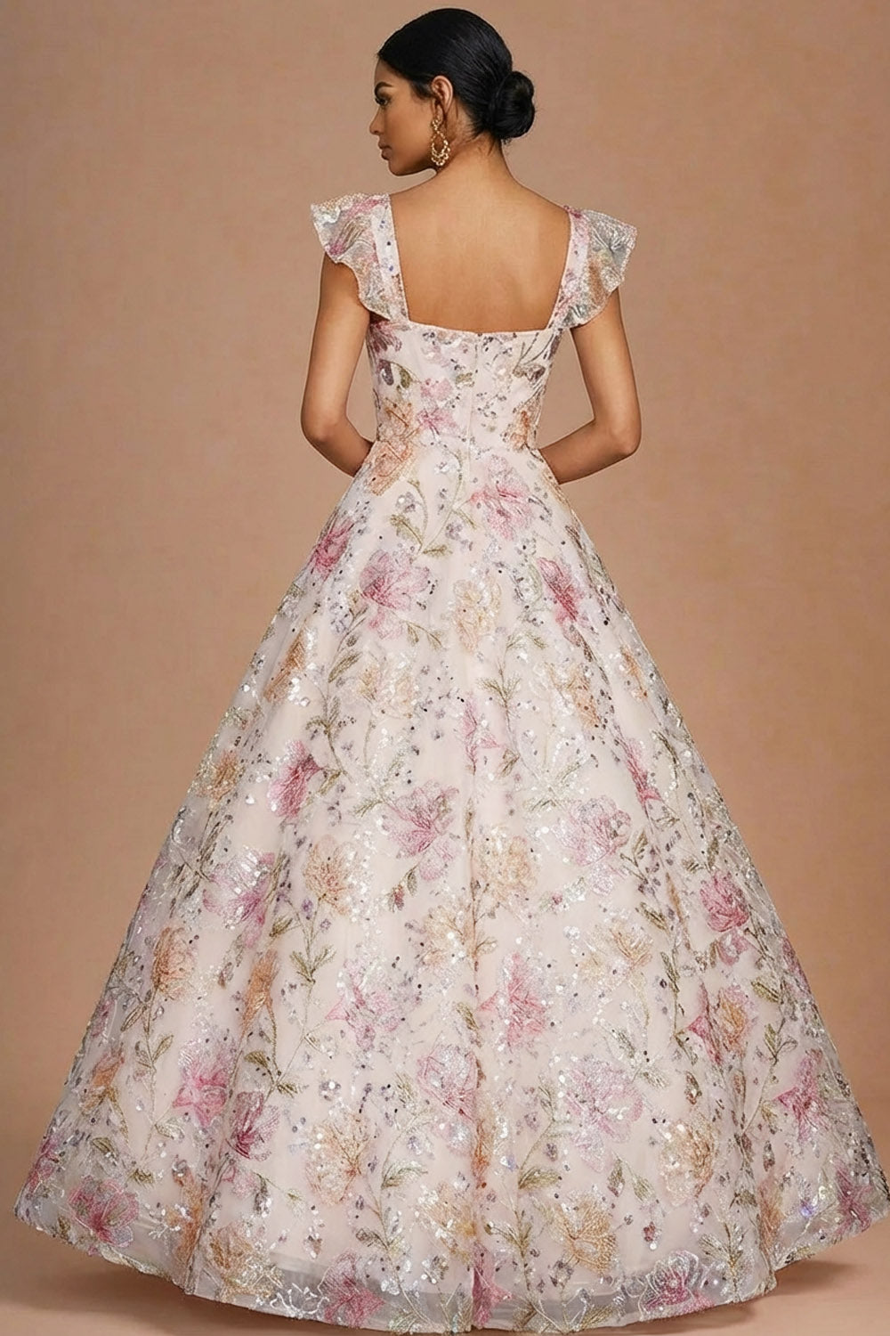 Sparkly Pink Sequin Floral Ball Gown Long Prom Dress