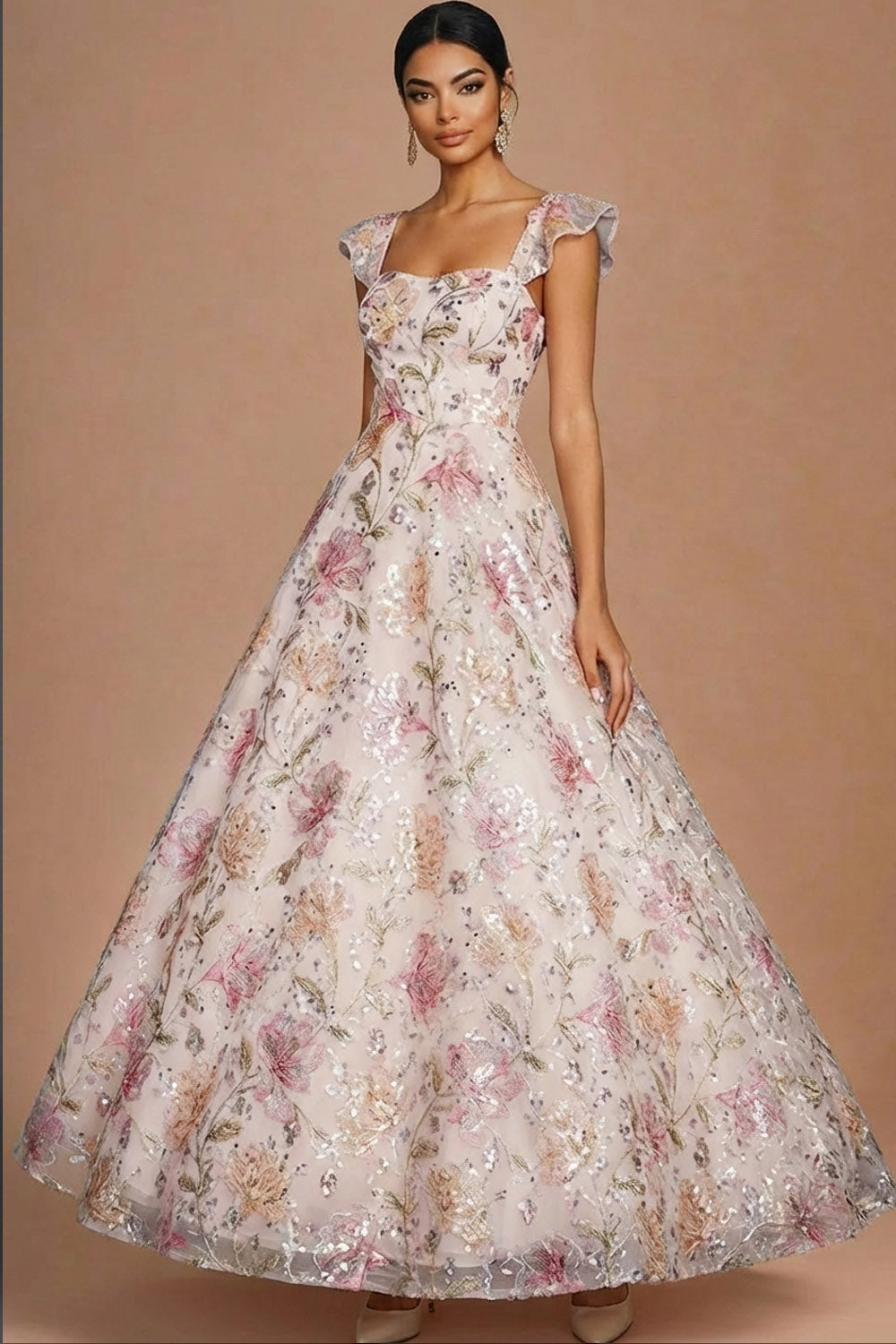 Sparkly Pink Sequin Floral Ball Gown Long Prom Dress
