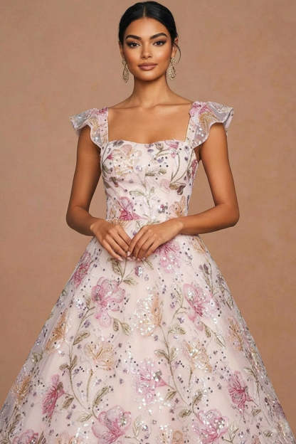 Sparkly Pink Sequin Floral Ball Gown Long Prom Dress