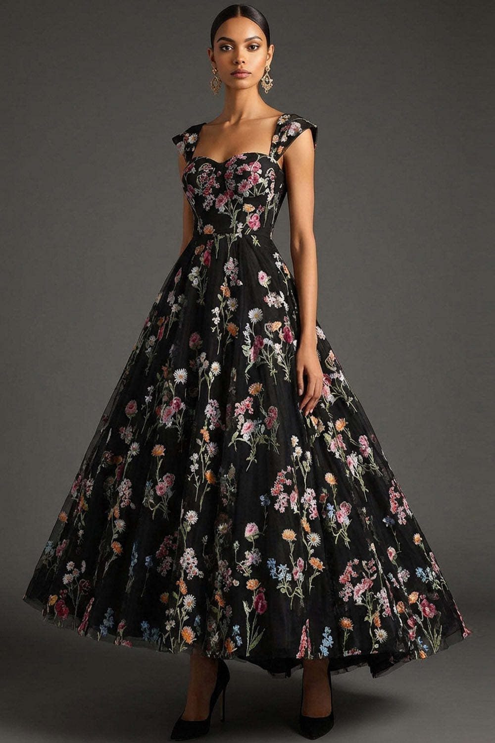Black Floral Sweetheart A Line Long Wedding Guest Dress with Cap Sleeves