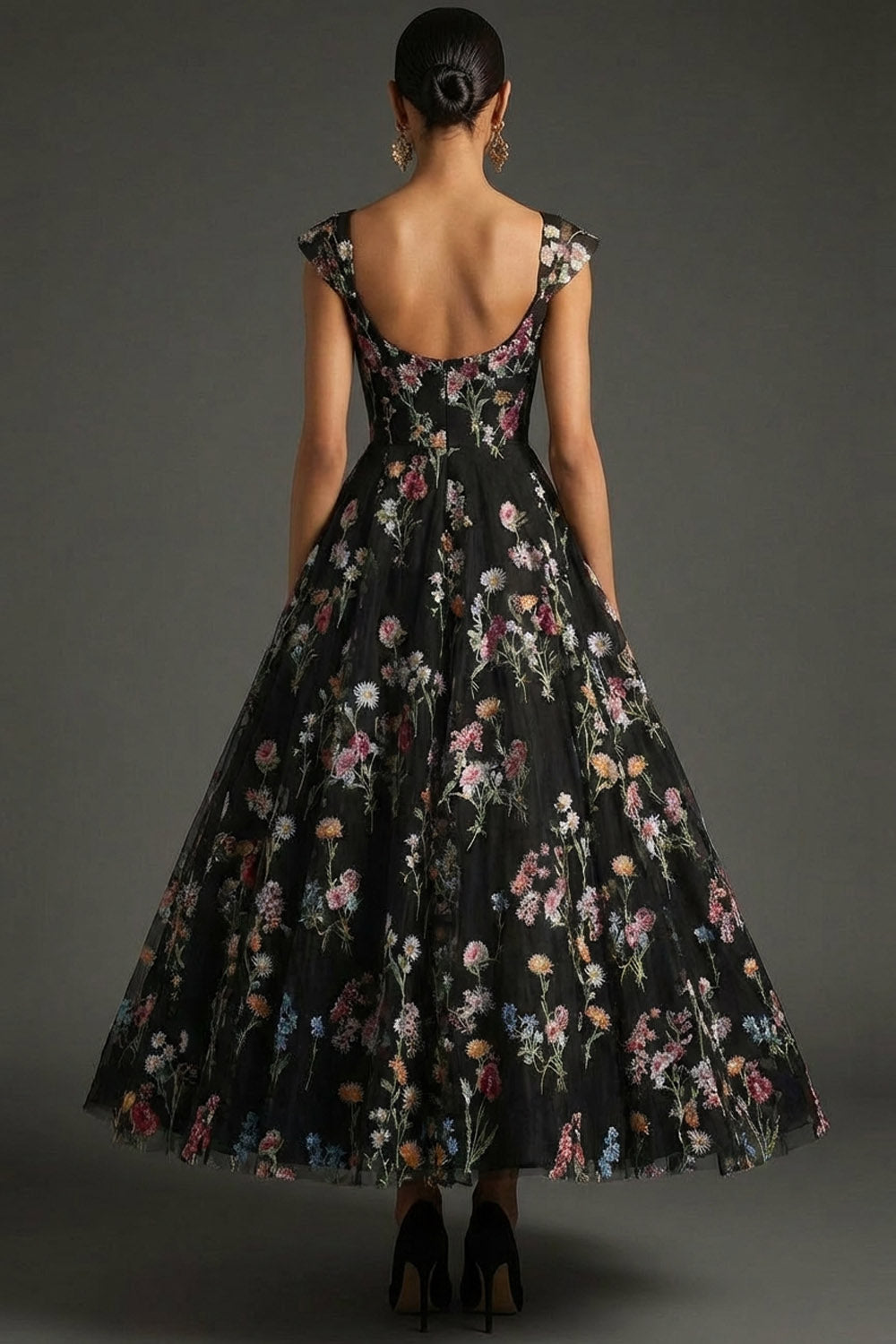 Black Floral Sweetheart A Line Long Wedding Guest Dress with Cap Sleeves