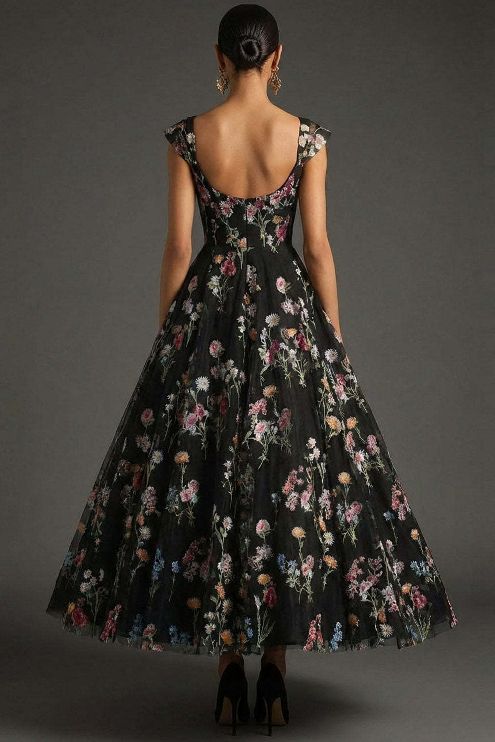 Black Floral Sweetheart A Line Long Wedding Guest Dress with Cap Sleeves