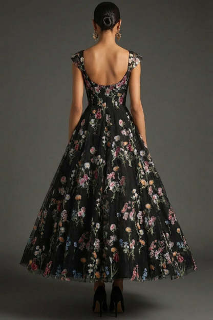 Black Floral Sweetheart A Line Long Wedding Guest Dress with Cap Sleeves
