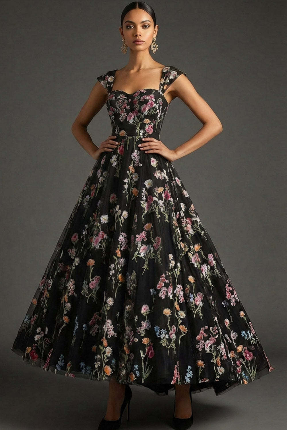 Leely Women Black Floral A Line Long Wedding Guest Dress with Cap Sleeves Embroidered Sweetheart Evening Dress