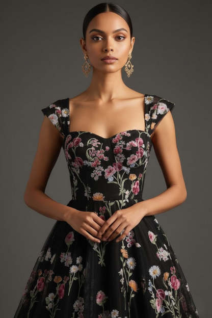 Black Floral Sweetheart A Line Long Wedding Guest Dress with Cap Sleeves