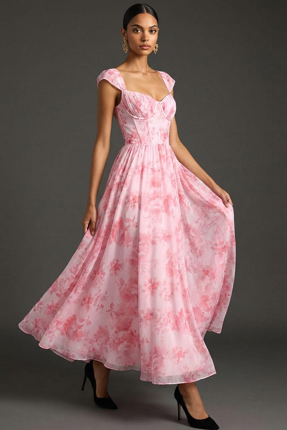 Pink Floral A Line Sweetheart Corset Long Wedding Guest Dress