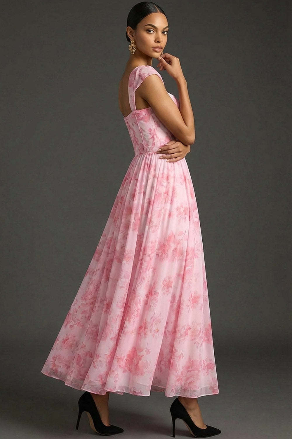 Pink Floral A Line Sweetheart Corset Long Wedding Guest Dress