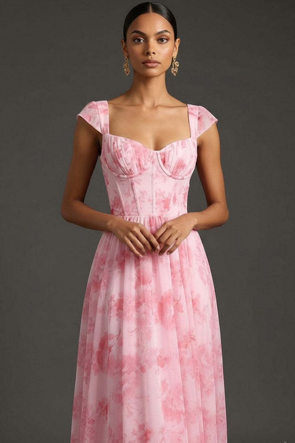 Pink Floral A Line Sweetheart Corset Long Wedding Guest Dress
