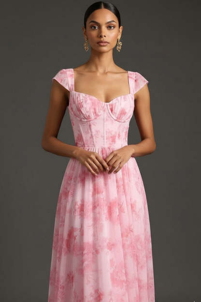 Pink Floral A Line Sweetheart Corset Long Wedding Guest Dress
