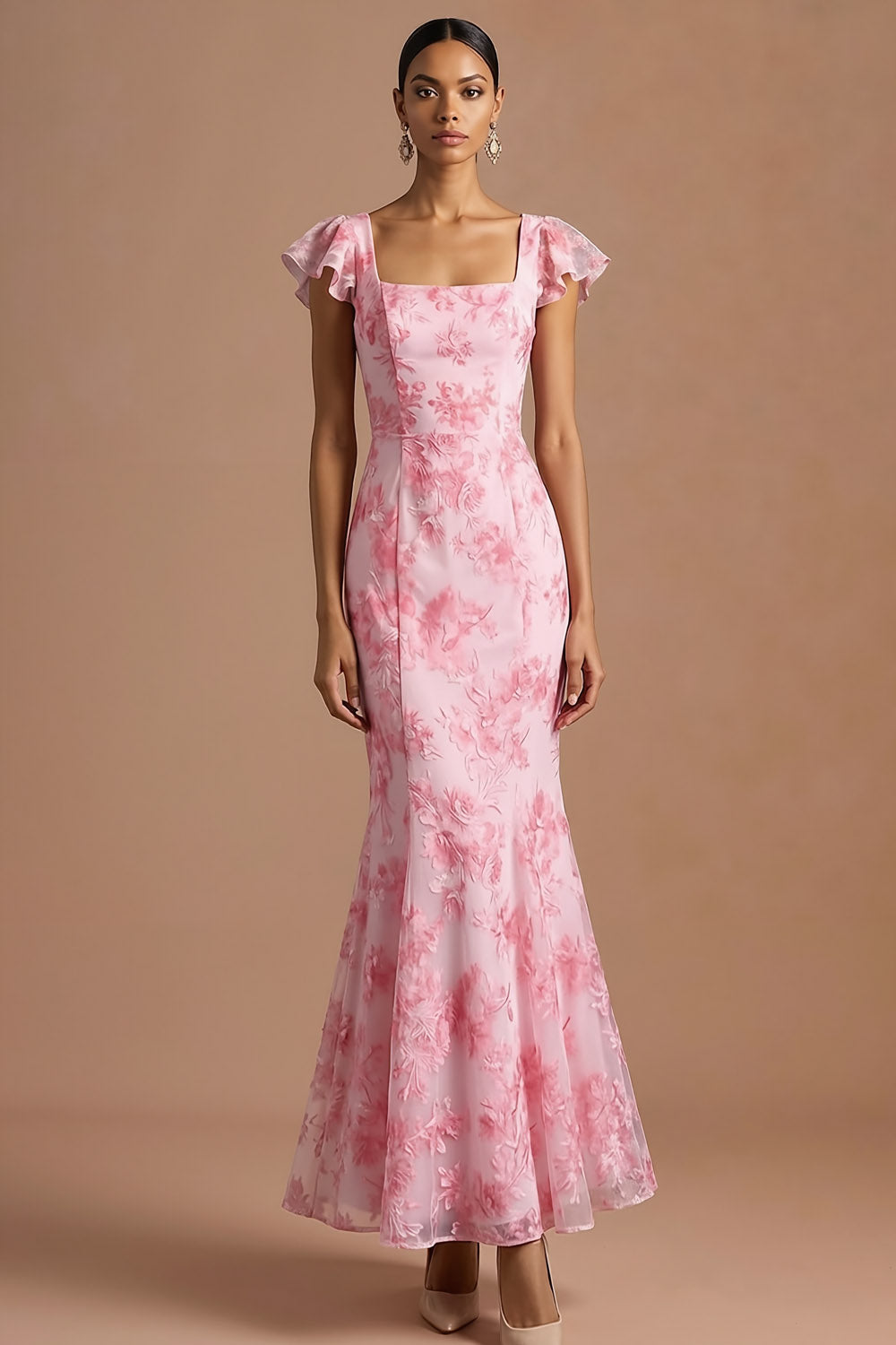 Pink Floral Mermaid Ruffled Long Wedding Guest Dress