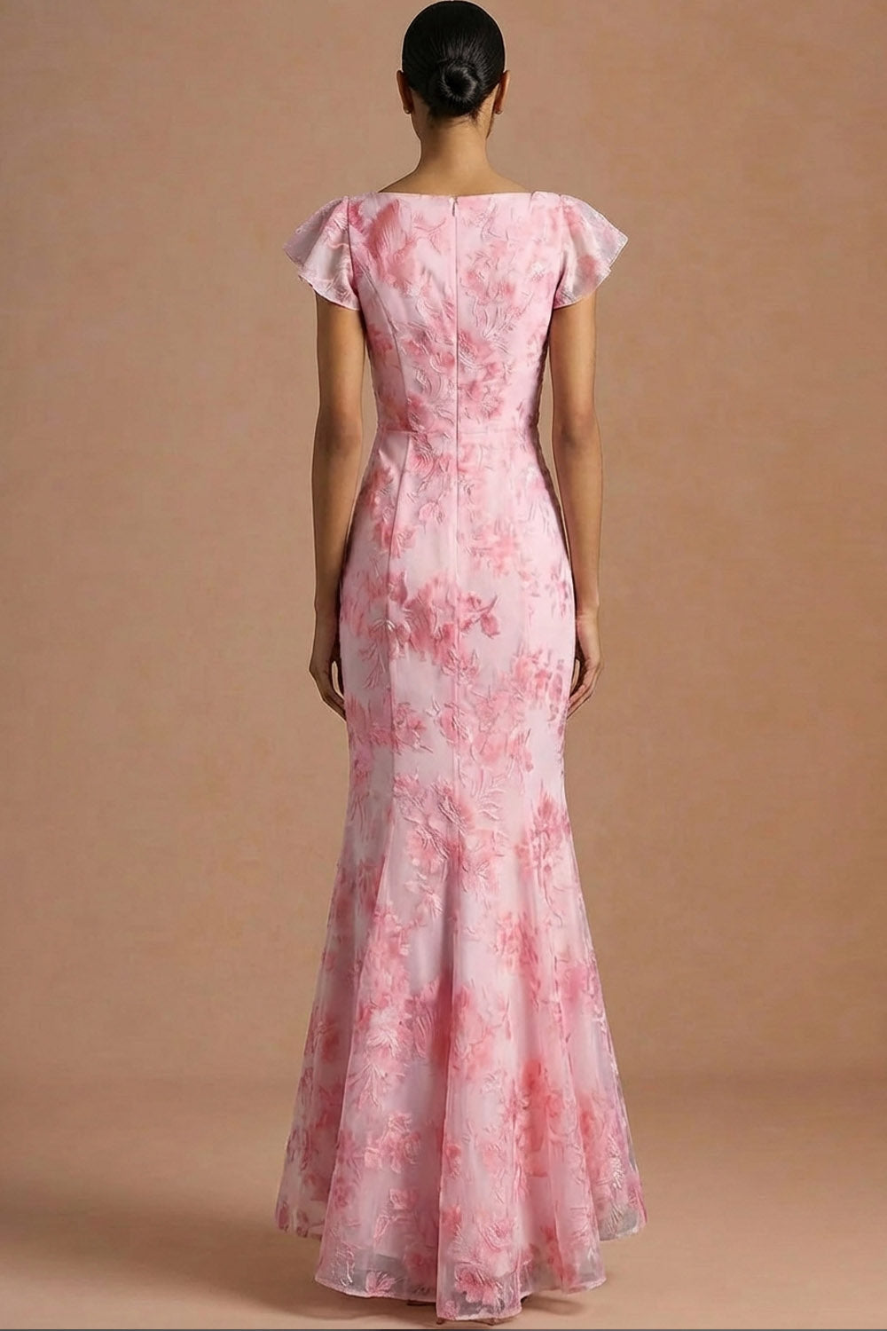 Pink Floral Mermaid Ruffled Long Wedding Guest Dress