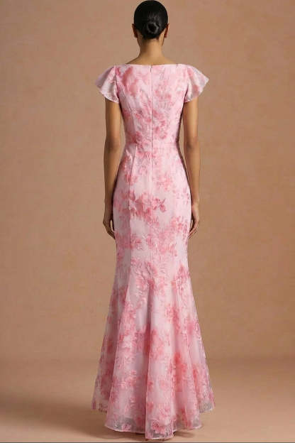 Pink Floral Mermaid Ruffled Long Wedding Guest Dress