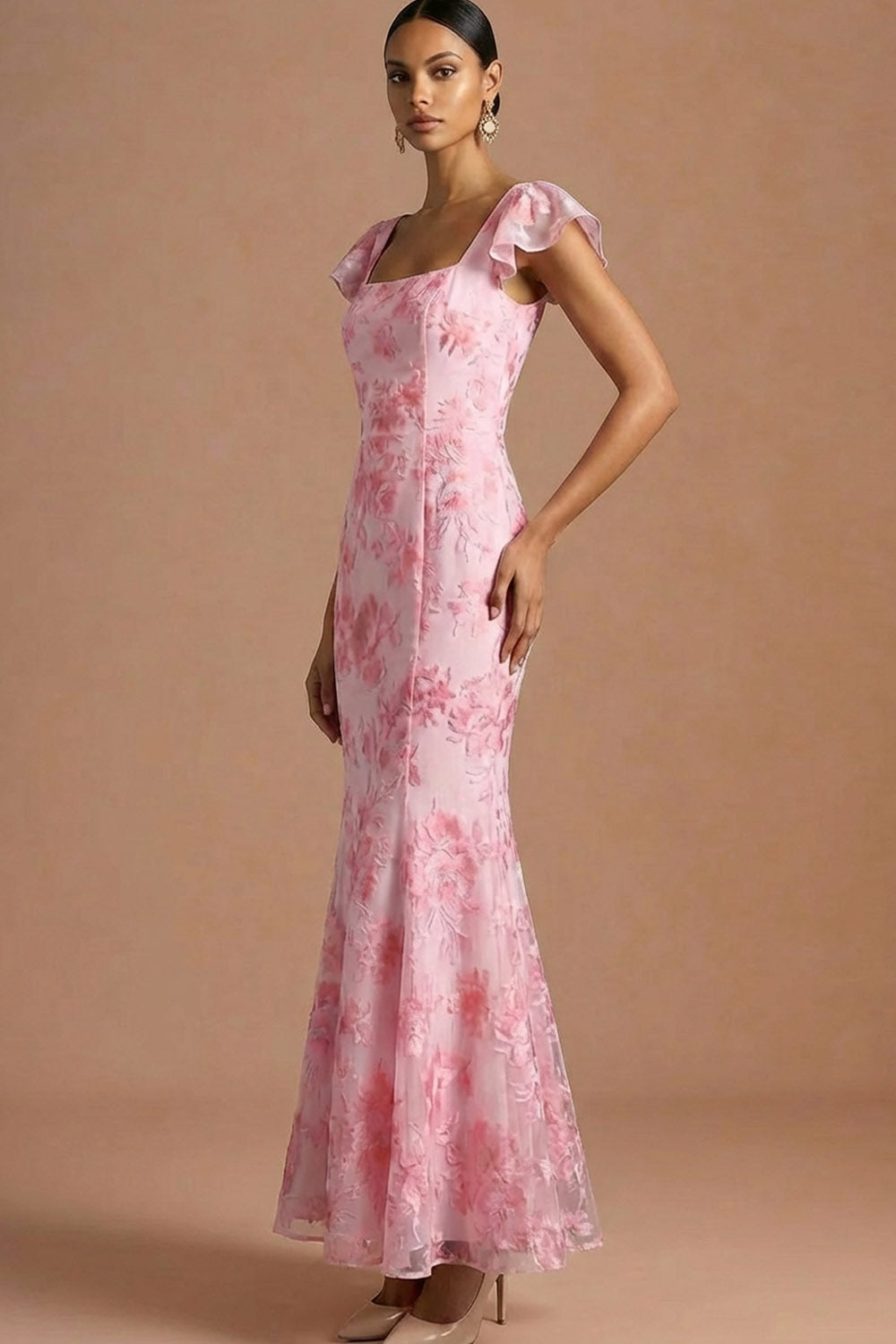 Pink Floral Mermaid Ruffled Long Wedding Guest Dress