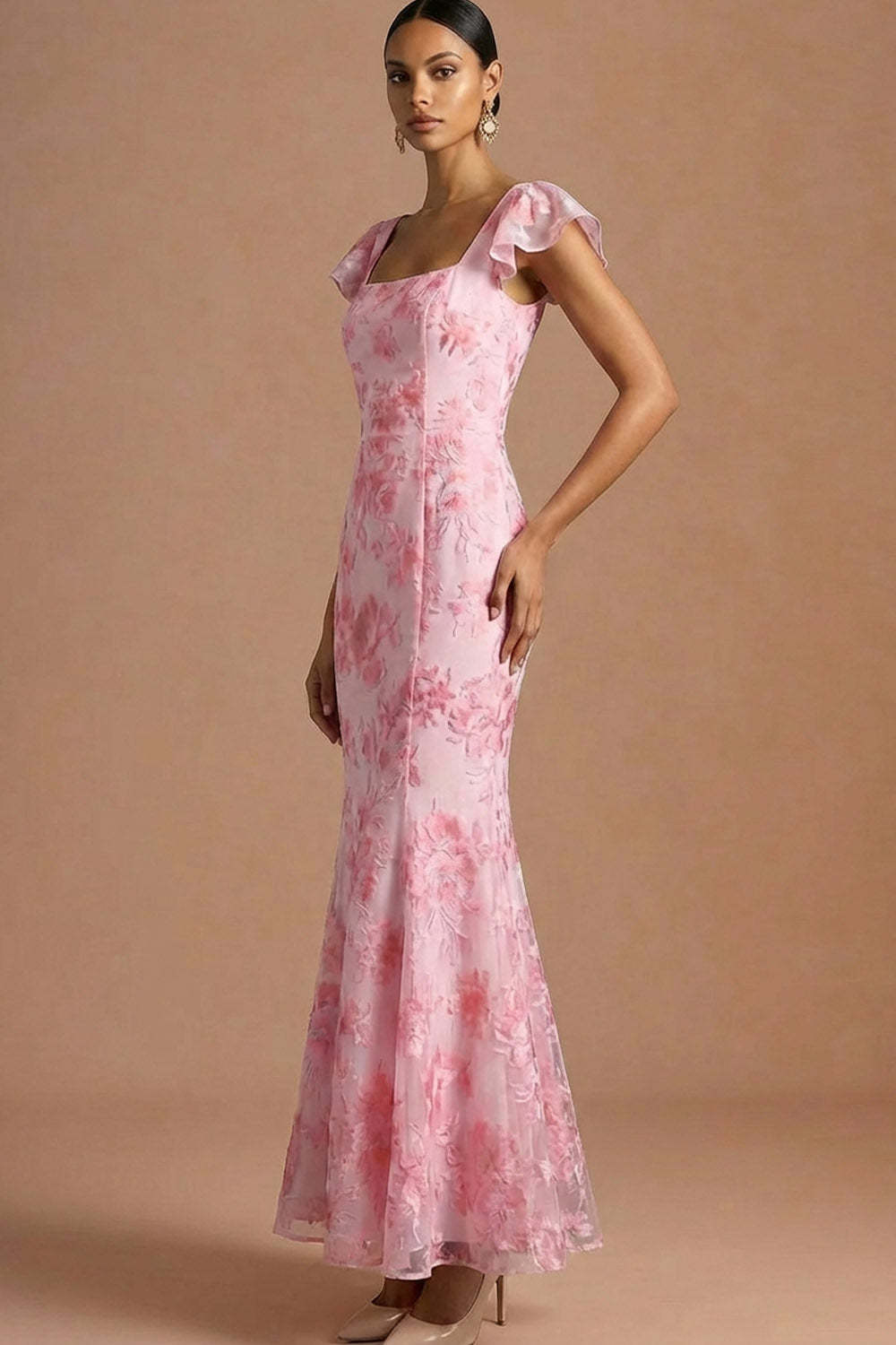 Pink Floral Mermaid Ruffled Long Wedding Guest Dress
