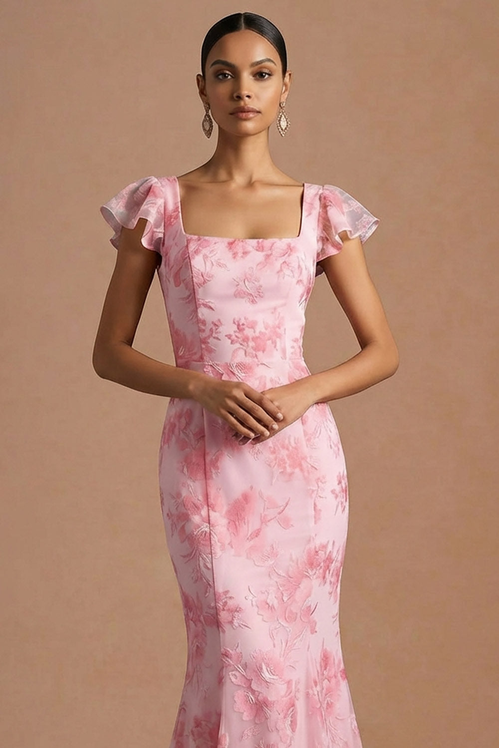 Pink Floral Mermaid Ruffled Long Wedding Guest Dress