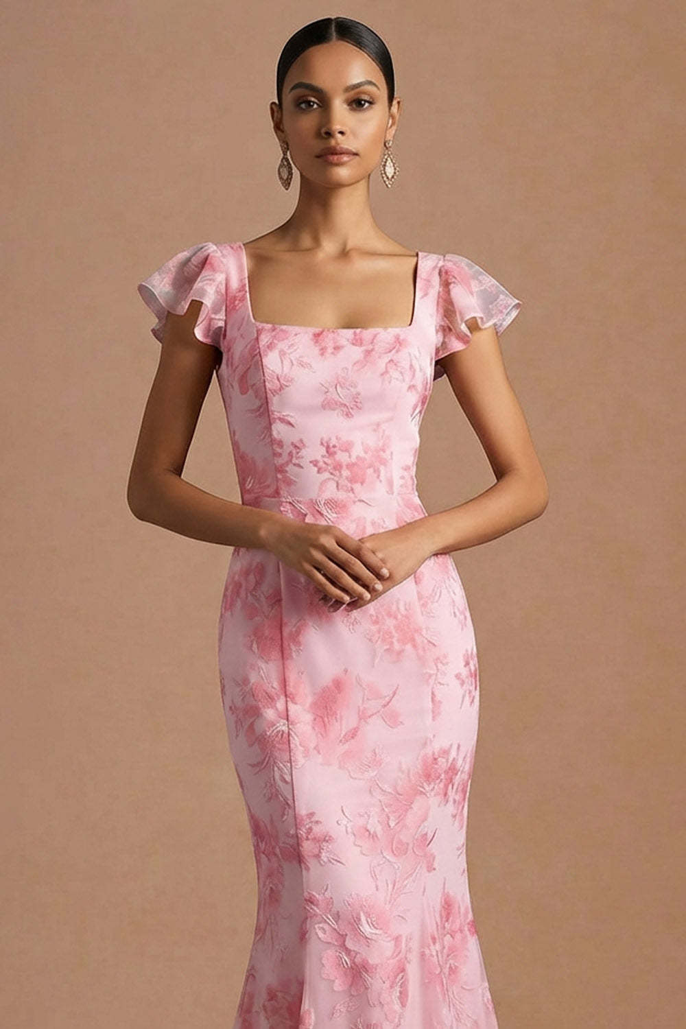 Pink Floral Mermaid Ruffled Long Wedding Guest Dress