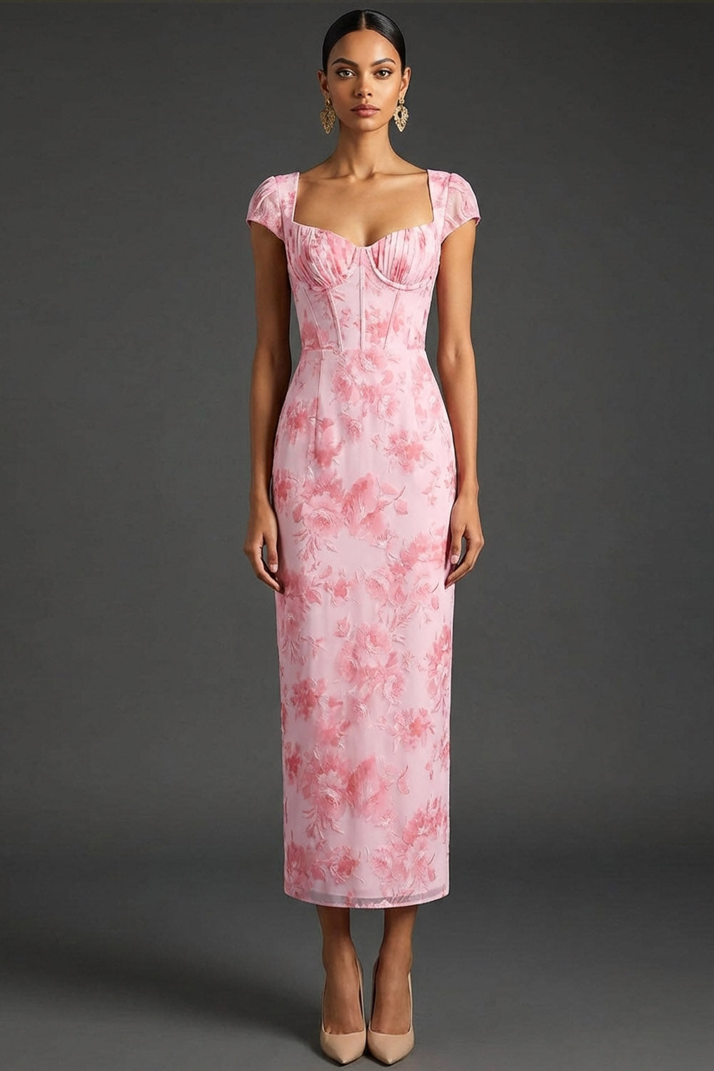 Pink Floral Mermaid Corset Sweetheart Long Wedding Guest Dress