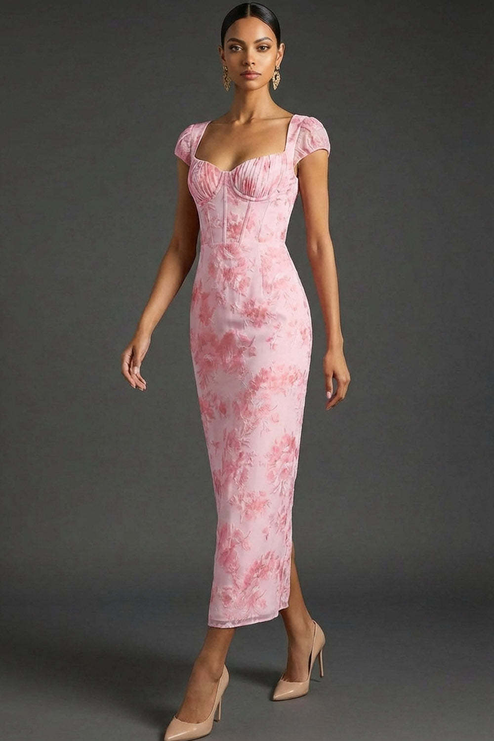 Pink Floral Mermaid Corset Sweetheart Long Wedding Guest Dress