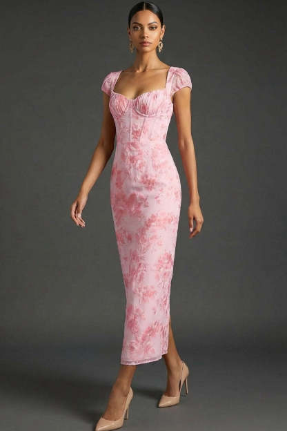Pink Floral Mermaid Corset Sweetheart Long Wedding Guest Dress